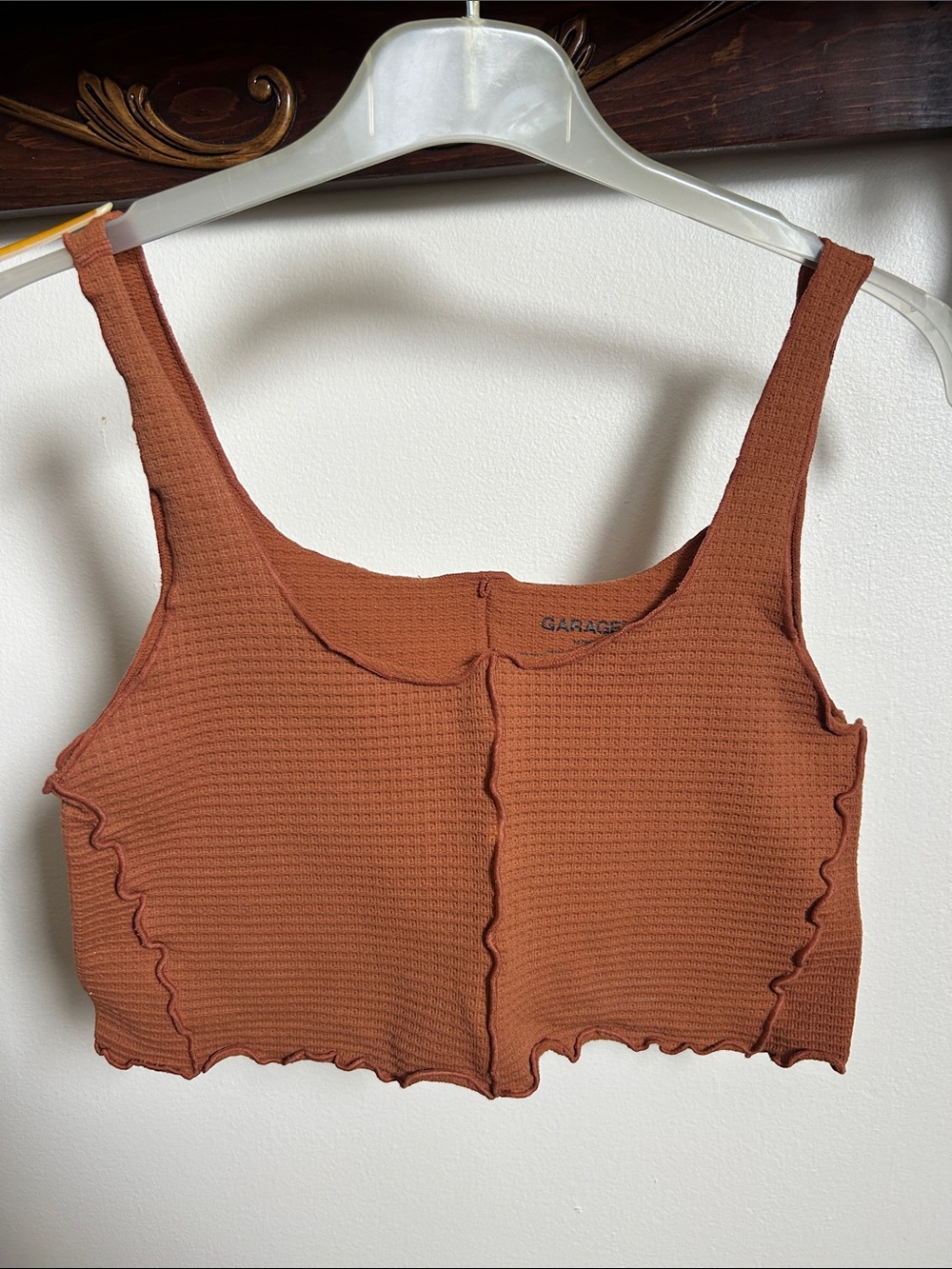 Garage Rust Waffle-Knit Lettuce Hem Crop Tank